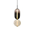 Horiz pendant light featuring stacked charcoal and cream glass globes with a vertical internal light against a white backgrou