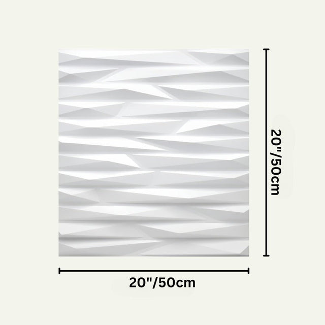 Huati Wall Panel measuring 20x20 inches (50x50 cm) in white PVC with 3D angular texture for stylish wall upgrades.