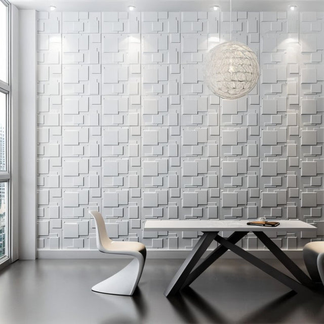 White Hurain PVC Wall Panels in a sleek office space, featuring a 3D geometric design perfect for modern DIY decor.