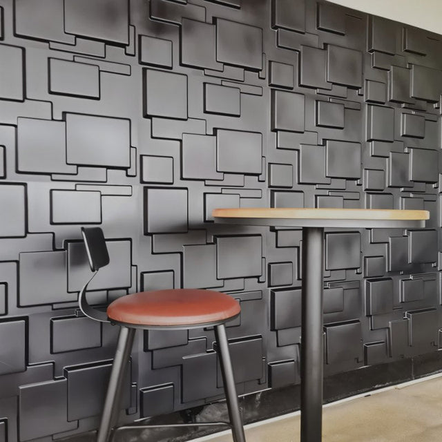 Black Hurain PVC Wall Panels with 3D square patterns, ideal for contemporary interiors and easy DIY installation.