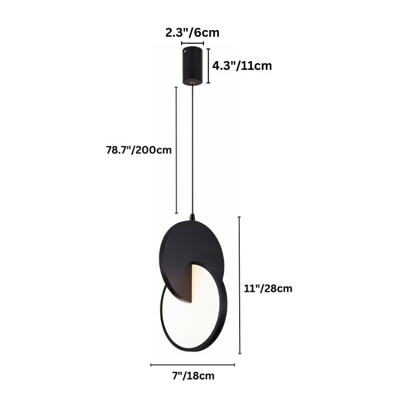 "Dimensions, 78.7 inches height, 11 inches diameter, 7 inches width, 2.3 inches canopy diameter, and 4.3 inches canopy height, of a modern pendant light with overlapping discs."
