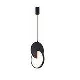 "A modern black pendant light with overlapping discs, isolated on a white background."
