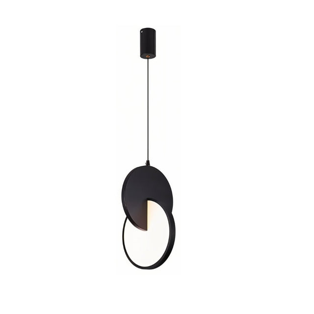 "A modern black pendant light with overlapping discs, isolated on a white background."