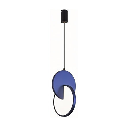 "A modern blue pendant light with overlapping discs, isolated on a white background."