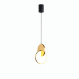 "A modern gold pendant light with overlapping discs, isolated on a white background."