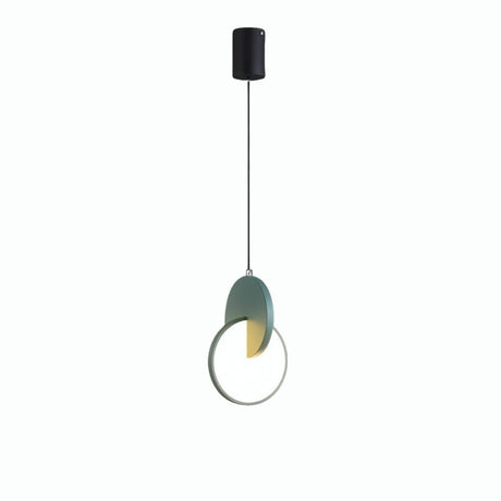 "A modern green pendant light with overlapping discs, isolated on a white background."