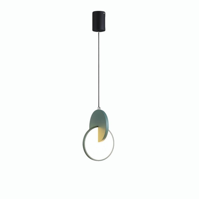 "A modern green pendant light with overlapping discs, isolated on a white background."