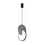 "A modern grey pendant light with overlapping discs, isolated on a white background."
