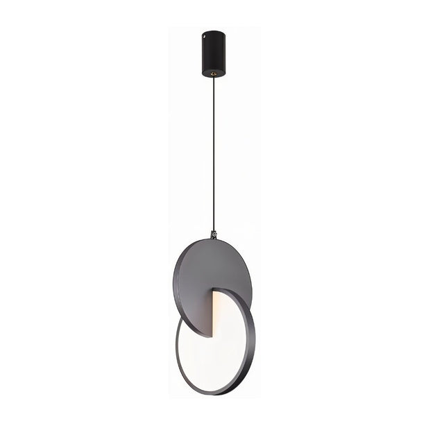 "A modern grey pendant light with overlapping discs, isolated on a white background."