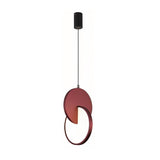 "A modern red pendant light with overlapping discs, isolated on a white background."