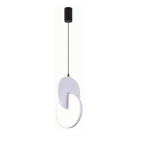 "A modern white pendant light with overlapping discs, isolated on a white background."
