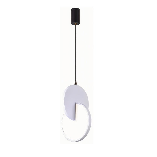"A modern white pendant light with overlapping discs, isolated on a white background."