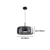 "Dimensions, 10.2 inches tall and 15 inches wide, of a modern pendant light with a wide, flat smoked glass shade."