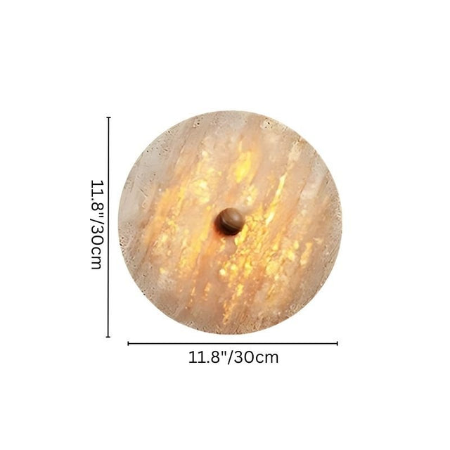 "The Illura Wall Lamp with dimensions 11.8 inches (30cm) diameter, made of travertine stone, showcasing its circular design and unique lighting effect."