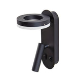 "A black wall lamp with an LED panel and a spotlight, shown from a side angle against a white background."