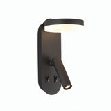 "A black wall lamp with an LED panel and a spotlight, shown against a white background."