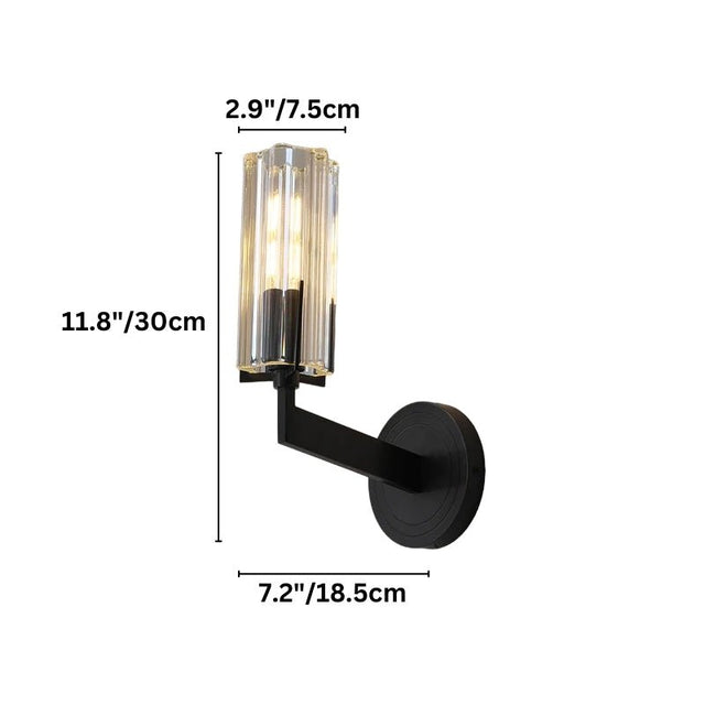 "Dimensions of a modern black wall lamp with cylindrical glass shade: 11.8 inches in height, 7.2 inches in width, and 2.9 inches in depth."
