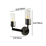 "Dimensions of a modern black wall lamp with cylindrical glass shades: 12.5 inches in height, 5.9 inches in width, and 11.8 inches in depth."