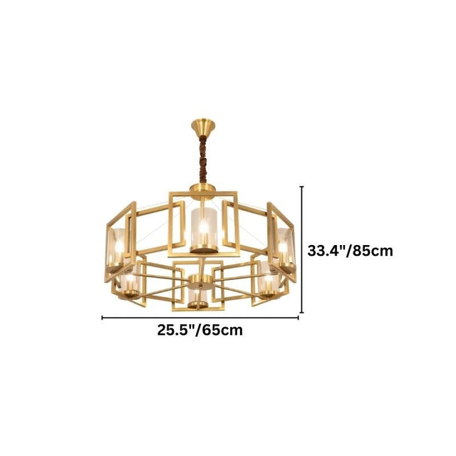 "A modern chandelier with a geometric brass frame and cylindrical glass shades, shown with dimensions of 25.5 inches in width and 33.4 inches in height."