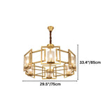 "A modern chandelier with a geometric brass frame and cylindrical glass shades, shown with dimensions of 29.5 inches in width and 33.4 inches in height."
