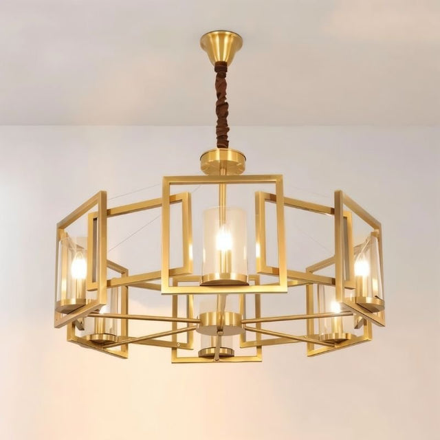 "A modern chandelier with a geometric brass frame and cylindrical glass shades, suspended from a ceiling against a light background."
