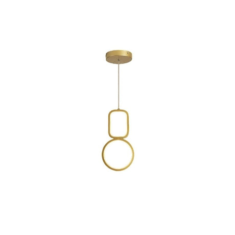 "Geometric pendant light with gold metal frame and acrylic diffusers, featuring circular and rectangular shapes, isolated on a white background."
