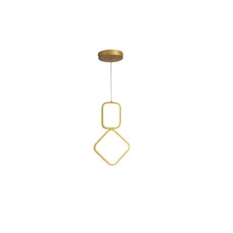 "Geometric pendant light with gold metal frame and acrylic diffusers, featuring square and diamond shapes, isolated on a white background."