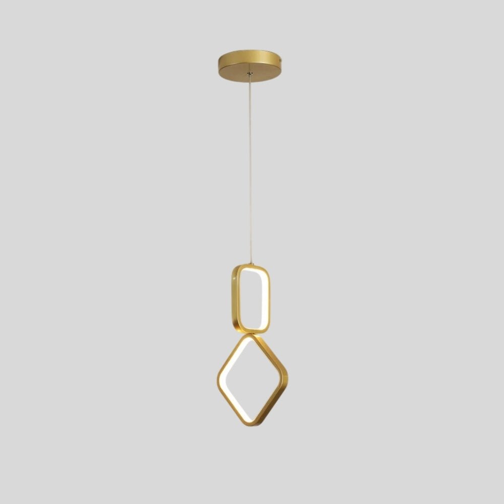 "Geometric pendant light with metal frame and acrylic diffusers, isolated on a gray background."