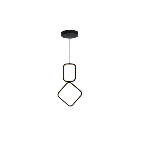 "Geometric pendant light with black metal frame and acrylic diffusers, featuring square and diamond shapes, isolated on a white background."