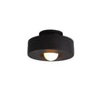 "Black circular flush mount ceiling light with recessed bulb."