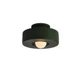 "Green circular flush mount ceiling light with recessed bulb."