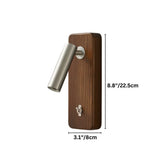 "A wood and copper wall lamp with a cylindrical head, shown against a white background with dimension measurements."