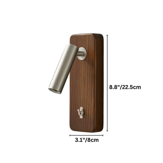 "A wood and copper wall lamp with a cylindrical head, shown against a white background with dimension measurements."