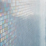 Kacakar Mosaic Tiles featuring iridescent square glass pieces in a gradient wall panel design, ideal for modern interior decor.