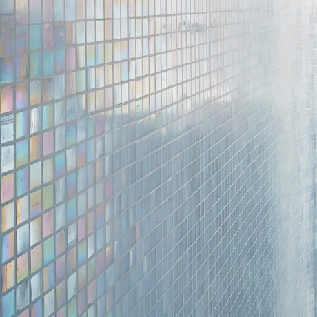 Kacakar Mosaic Tiles featuring iridescent square glass pieces in a gradient wall panel design, ideal for modern interior decor.