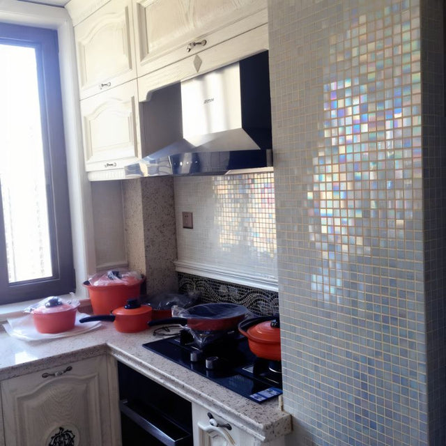Kacakar Mosaic Tiles used as a backsplash in a classic kitchen setting, enhancing the wall panel with a reflective, colorful finish.