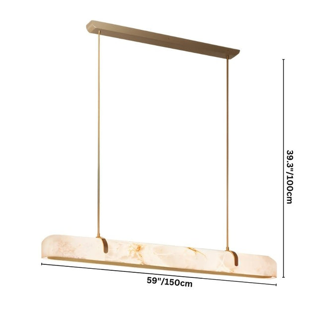 "Dimensions diagram of a linear alabaster chandelier with a sleek copper frame, showing measurements."