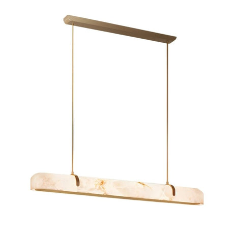 "Linear alabaster chandelier with a sleek copper frame, providing soft, diffused lighting for modern spaces."