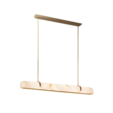 "Modern alabaster chandelier with a sleek copper frame, providing soft, diffused lighting for contemporary spaces."