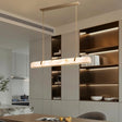 "Modern alabaster and copper linear chandelier illuminating a contemporary kitchen island."