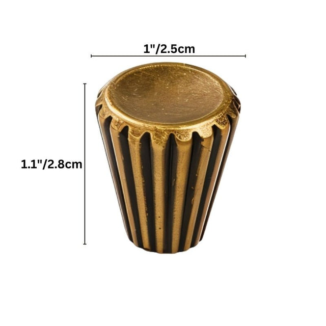 "Dimensions of a contemporary brass cone-shaped knob with sleek vertical grooves: 1 inch in diameter at the top and 1.1 inches in overall height."