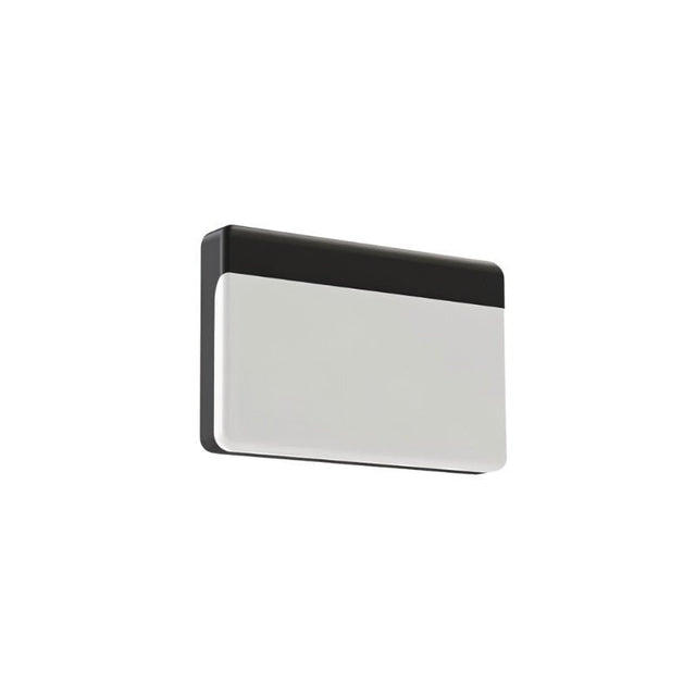 "A minimalist rectangular outdoor wall lamp made of aluminum with a PC diffuser, shown at an angle and isolated on a white background."