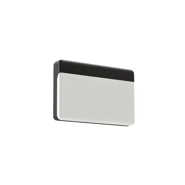 "A minimalist rectangular outdoor wall lamp made of aluminum with a PC diffuser, shown at an angle and isolated on a white background."