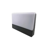"A minimalist rectangular outdoor wall lamp made of aluminum with a PC diffuser, isolated on a white background."