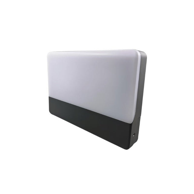"A minimalist rectangular outdoor wall lamp made of aluminum with a PC diffuser, isolated on a white background."