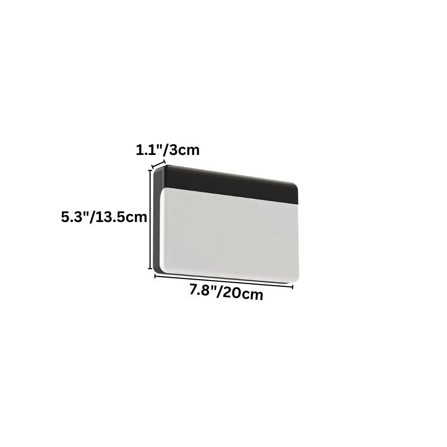 "A minimalist rectangular outdoor wall lamp made of aluminum with a PC diffuser."