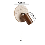 "Yellow travertine round wall lamp with wooden cylindrical shade and pull chain, dimensions labeled 7 inches wide (18cm) and 4.3 inches deep (11cm), modern bedside light."