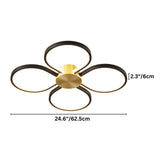 "Dimensions of a modern ceiling light with four circular LED rings in a clover design: 24.6 inches (62.5 cm) diameter, 2.3 inches (6 cm) ring thickness."