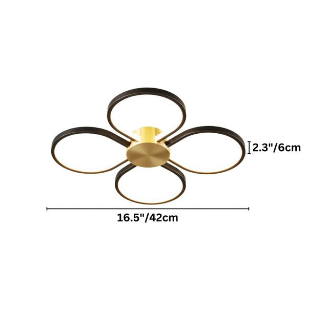 "Dimensions of a modern ceiling light with four circular LED rings in a clover design: 16.5 inches (42 cm) diameter, 2.3 inches (6 cm) ring thickness."