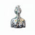 Silver horse head bust figurine with white and gold flowers and green stems, isolated on white background.